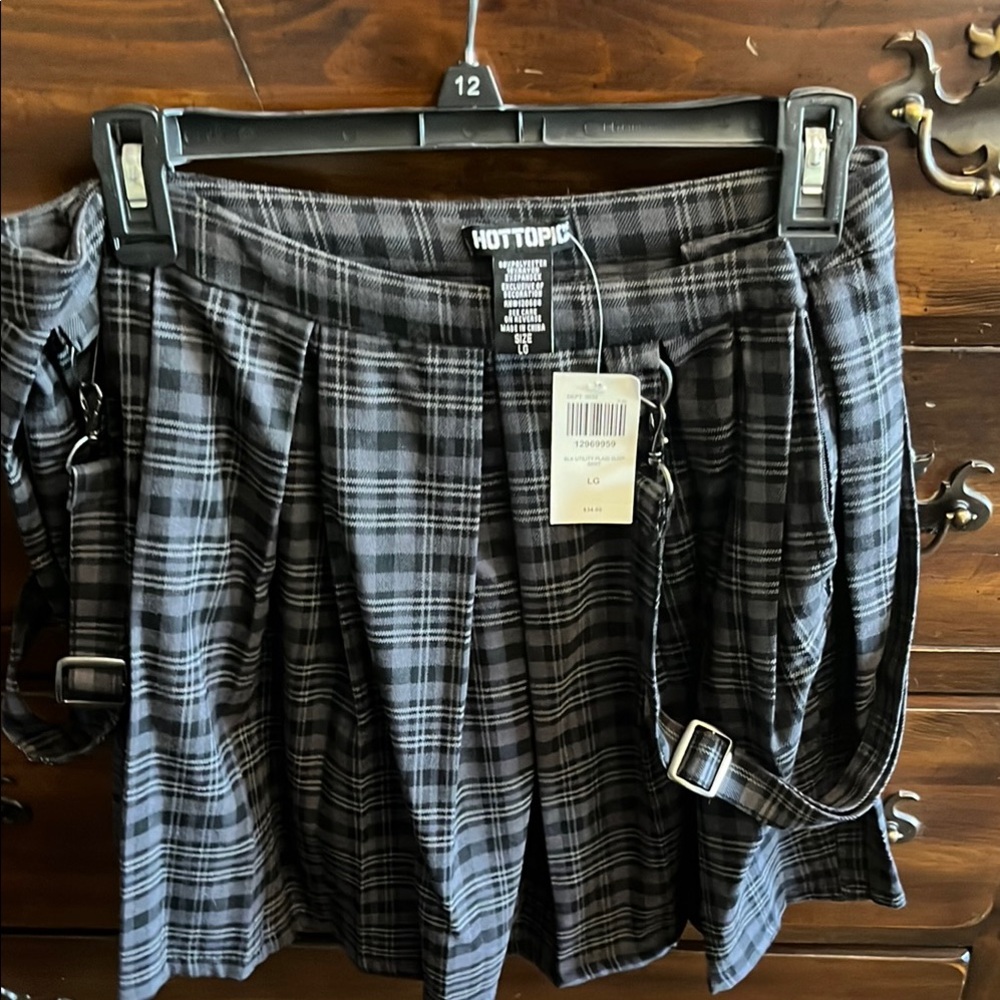 Black and Gray Plaid Skirt with Suspenders